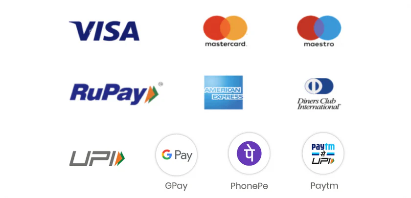 Accepted payment methods: Visa, Mastercard, RuPay, UPI, GPay, PhonePe, Paytm and more